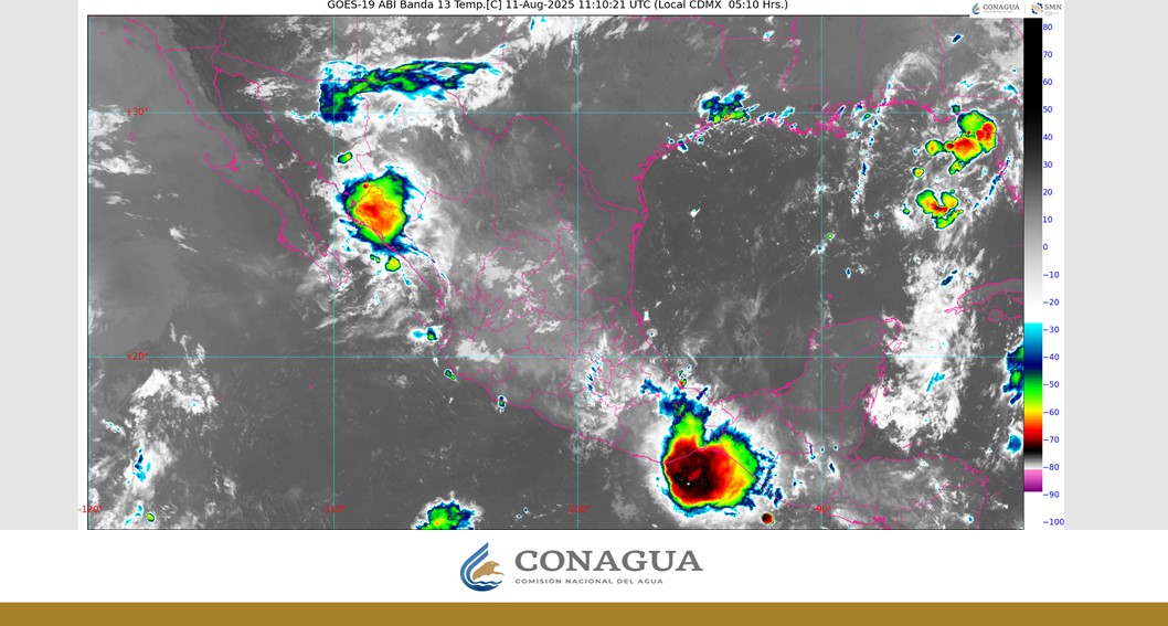 Pronóstico del clima en Quintana Roo para hoy lunes 11 de agosto 2025; cielo nublado con lluvias puntuales muy fuertes en Campeche y Yucatán, y puntuales fuertes en Quintana Roo.