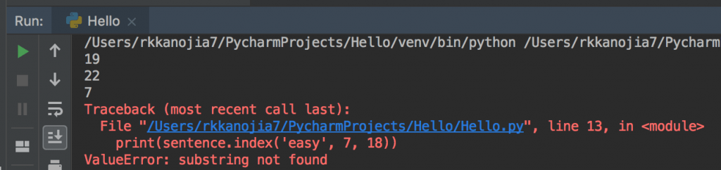 Python string index() Function | Get index of substring error output