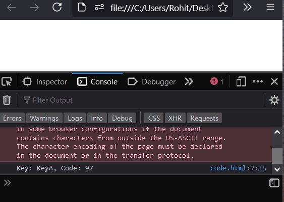 Get keycode JavaScript Property | Find key code of specific key example