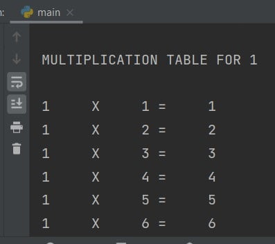 Python program to print multiplication table from 1 to 10 - Code