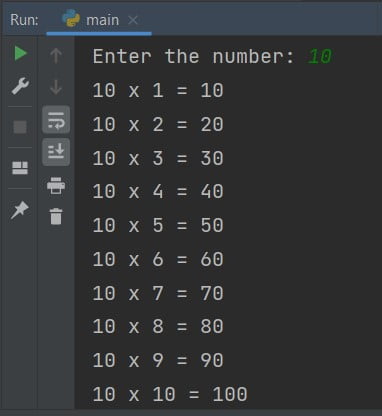 Write a program to print the table of a given number in Python