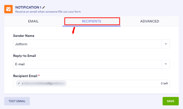 Email settings notification recipient