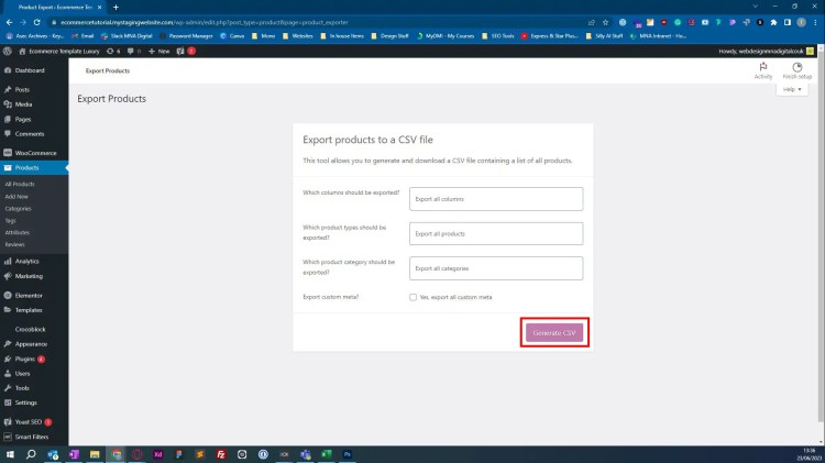 The Generate CSV button