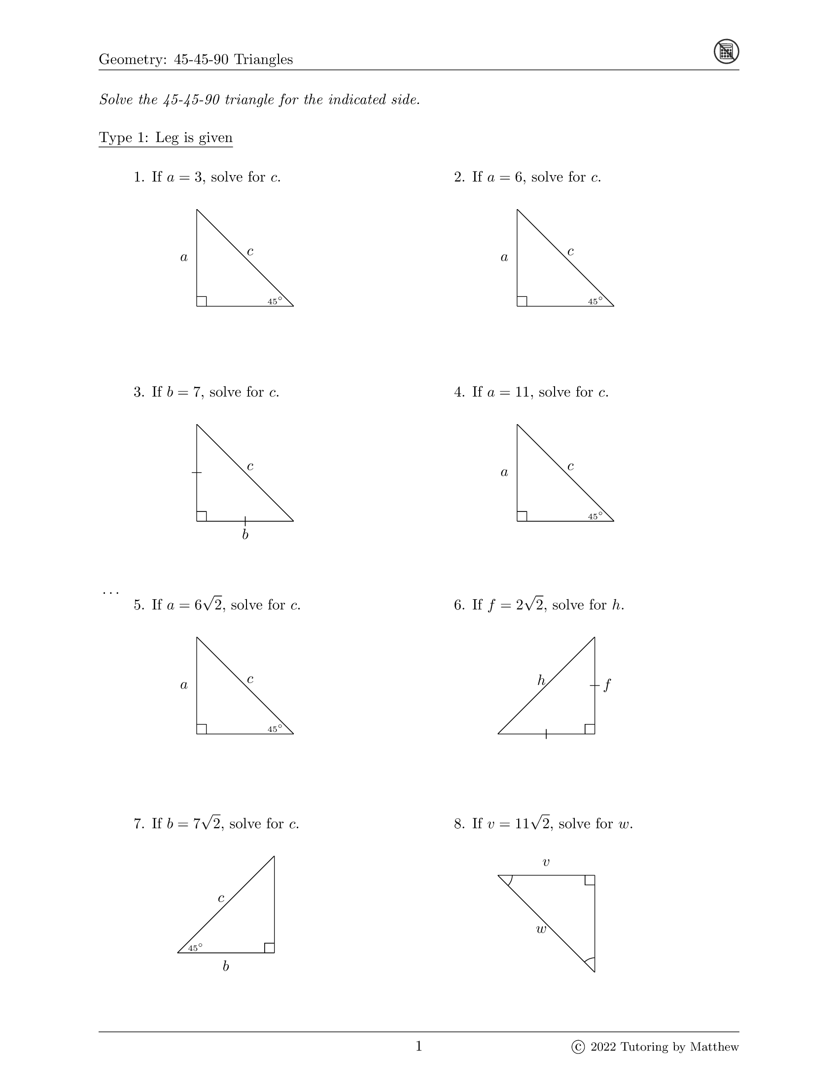 45-45-90 triangles worksheet book