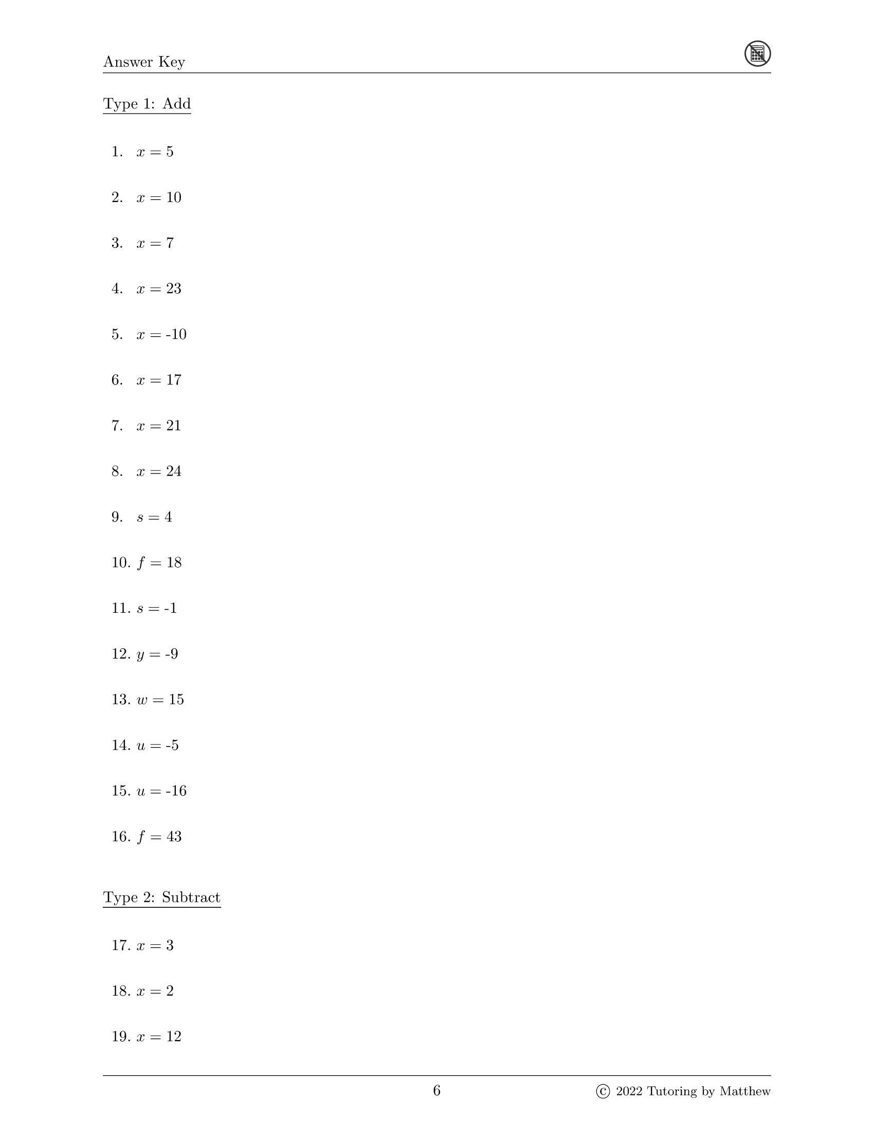 One-step linear equations worksheet