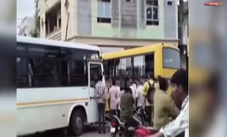 Pvt bus collides with school bus in Sircilla, two children injured