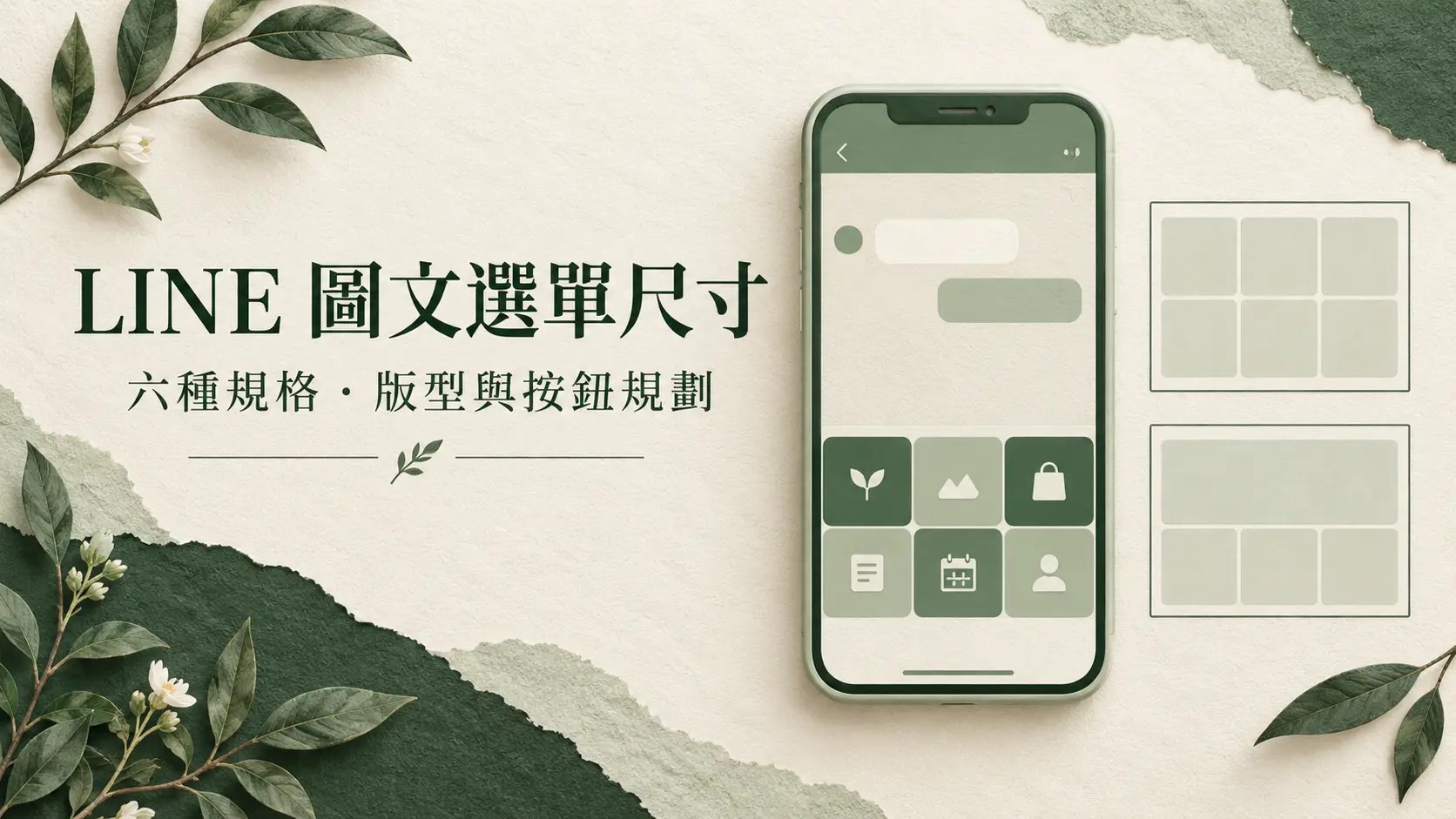 LINE 圖文選單尺寸與版型規劃的手機及按鈕示意