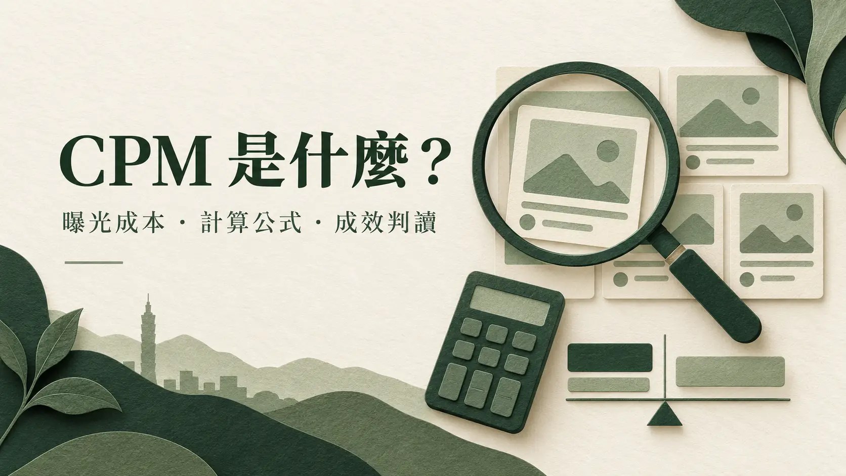 CPM 千次曝光成本的公式與成效判讀：放大鏡、廣告卡片及計算機示意