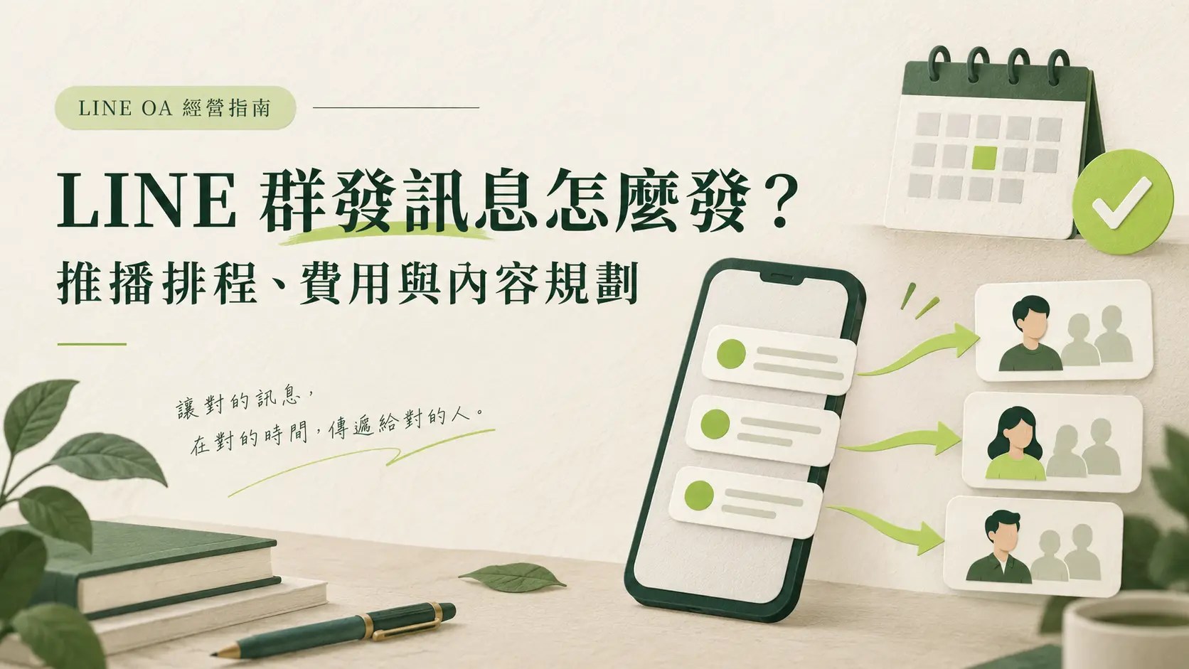 LINE 群發訊息怎麼發：推播排程、費用與內容規劃，手機訊息與受眾示意圖