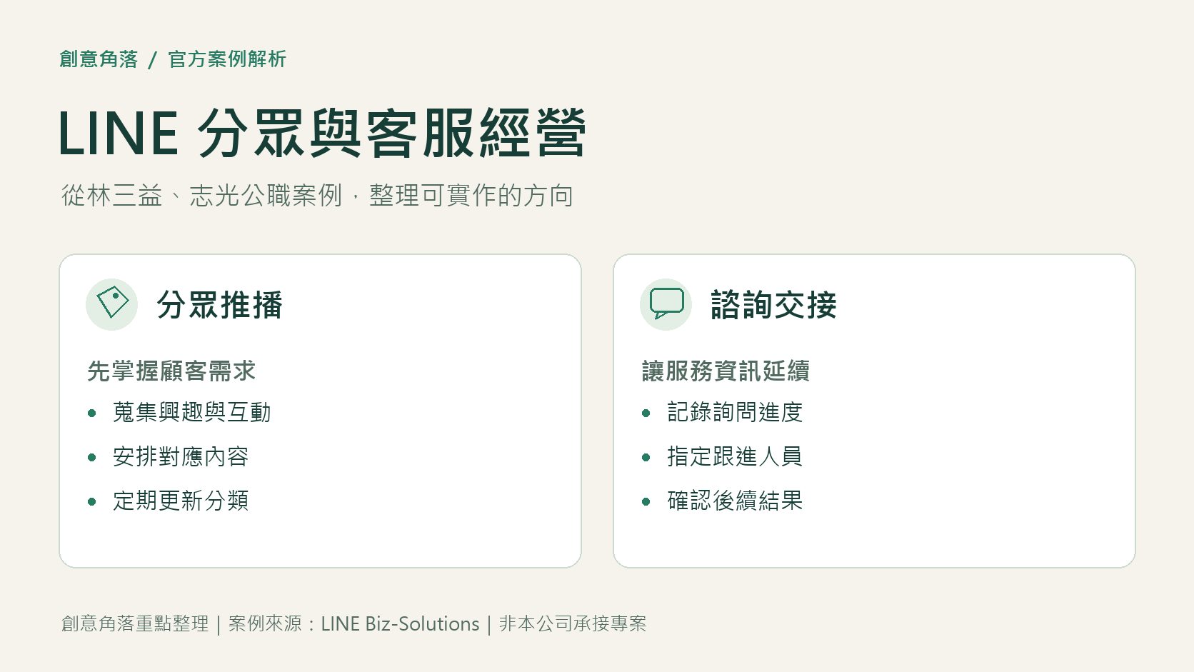 LINE 分眾與客服經營：分眾推播從需求、內容到分類更新；諮詢交接從進度紀錄、指定人員到結果確認。