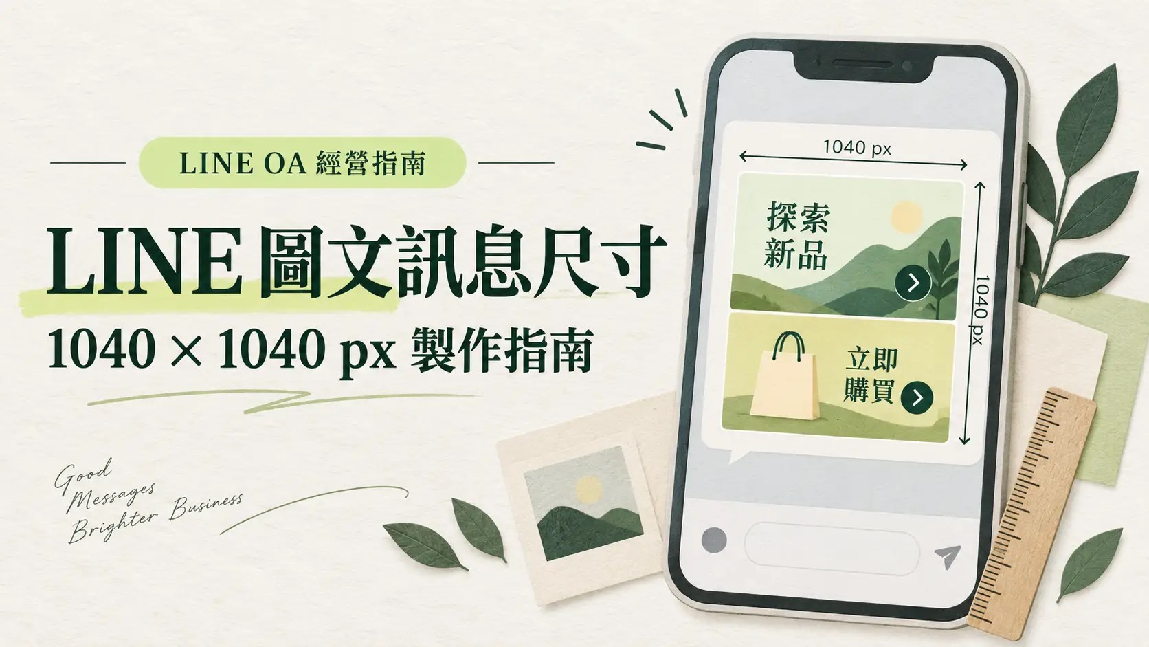 LINE 圖文訊息尺寸 1040 × 1040 px，手機上的圖文訊息與點擊區域示意