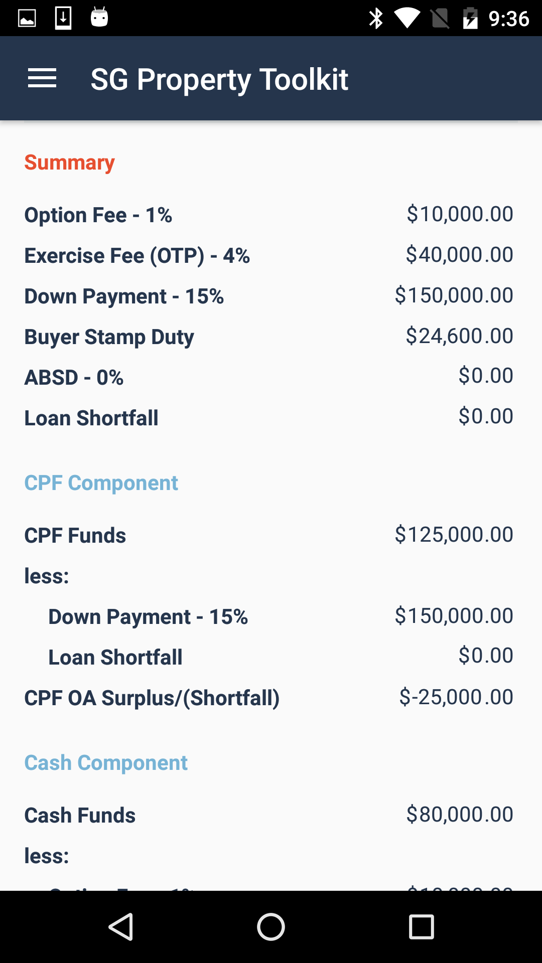 SG Property Toolkit PRO (Android) - Progressive Payment Calculator Results