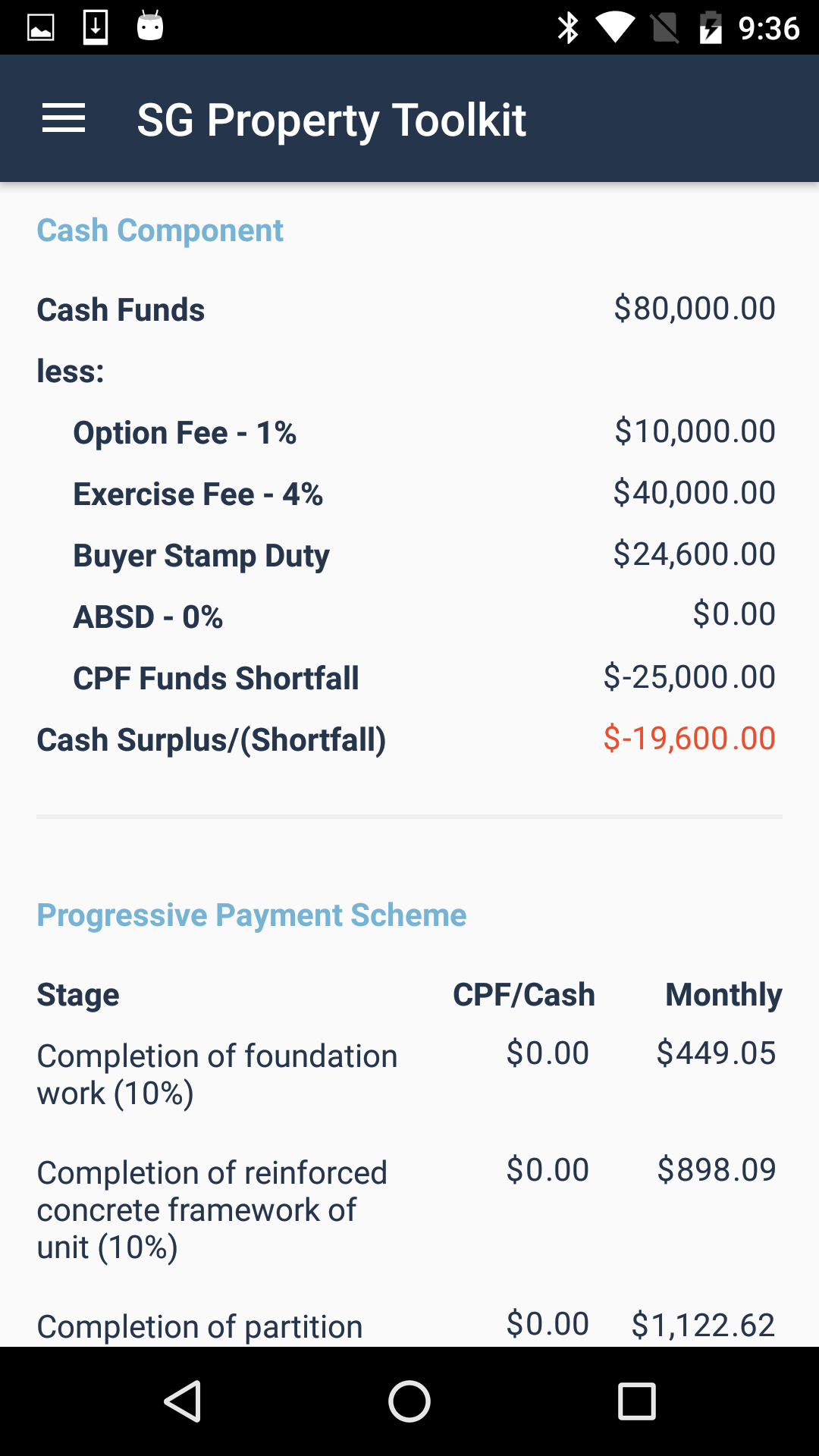 SG Property Toolkit PRO (Android) - Progressive Payment Calculator Results
