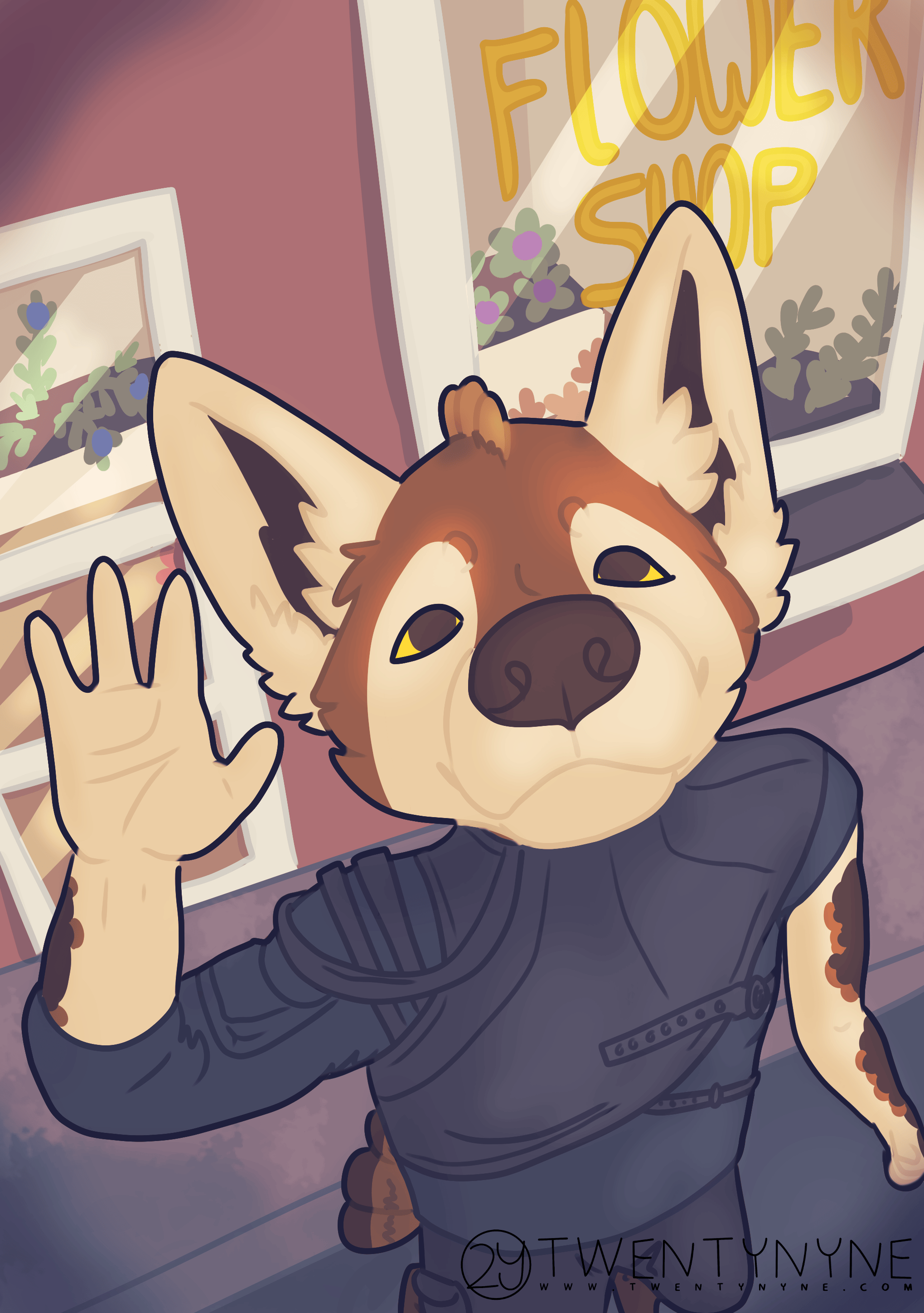 a digital illustration of an anthro fox waving at the camera