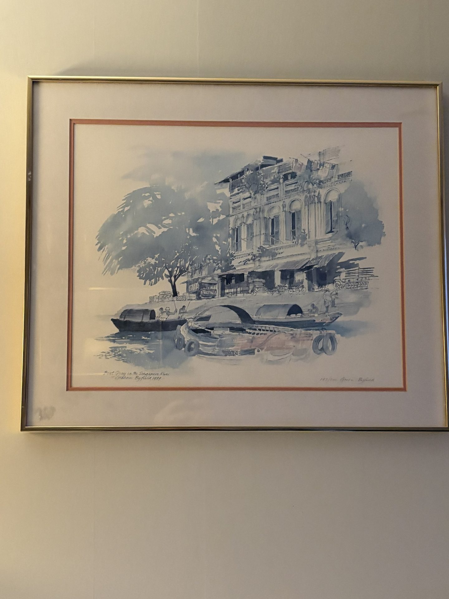 Litografi från Graham Byfield. Boat Quay on the Singapore River, 1987 . Nr 187/500