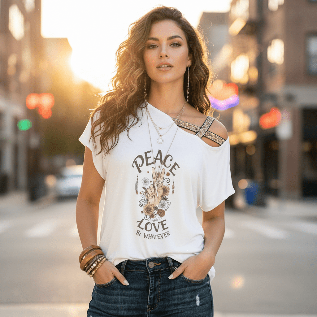Peace Love & Whatever Boho Elastic Hem Tee – Front View