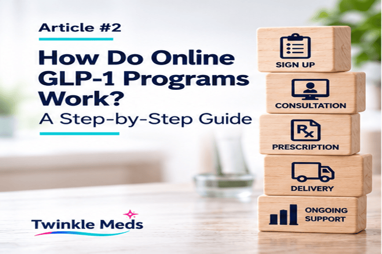 Step-by-step online GLP-1 program process from sign-up through consultation, prescription, delivery and support