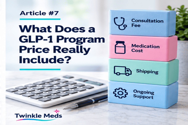 GLP-1 program pricing components including consultation, medication, shipping and ongoing support