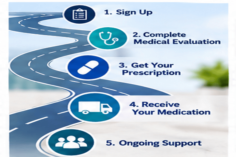 Roadmap showing online GLP-1 program steps after enrollment from medical evaluation to delivery and support