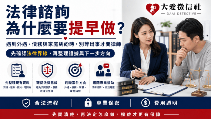 法律諮詢為什麼要提早做?遇到外遇、債務與家庭糾紛時,別等出事才問律師 法律諮詢為什麼要提早做?遇到外遇、債務與家庭糾紛時,別等出事才問律師