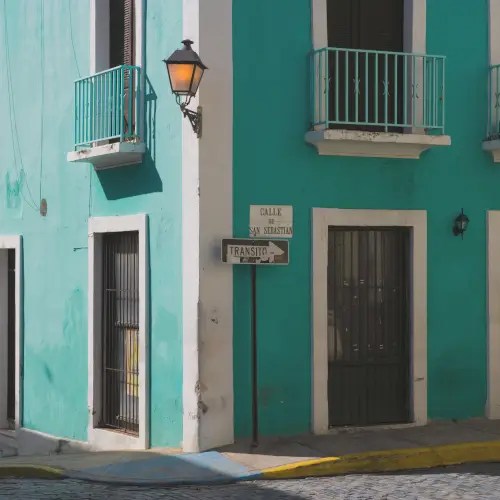 Colorful colonial building on a cobblestone street in Old San Juan, Puerto Rico