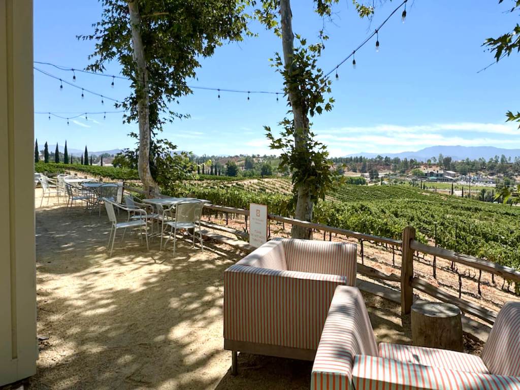 Arm chairs and bistro table on a pathway overlooking a vineyard.