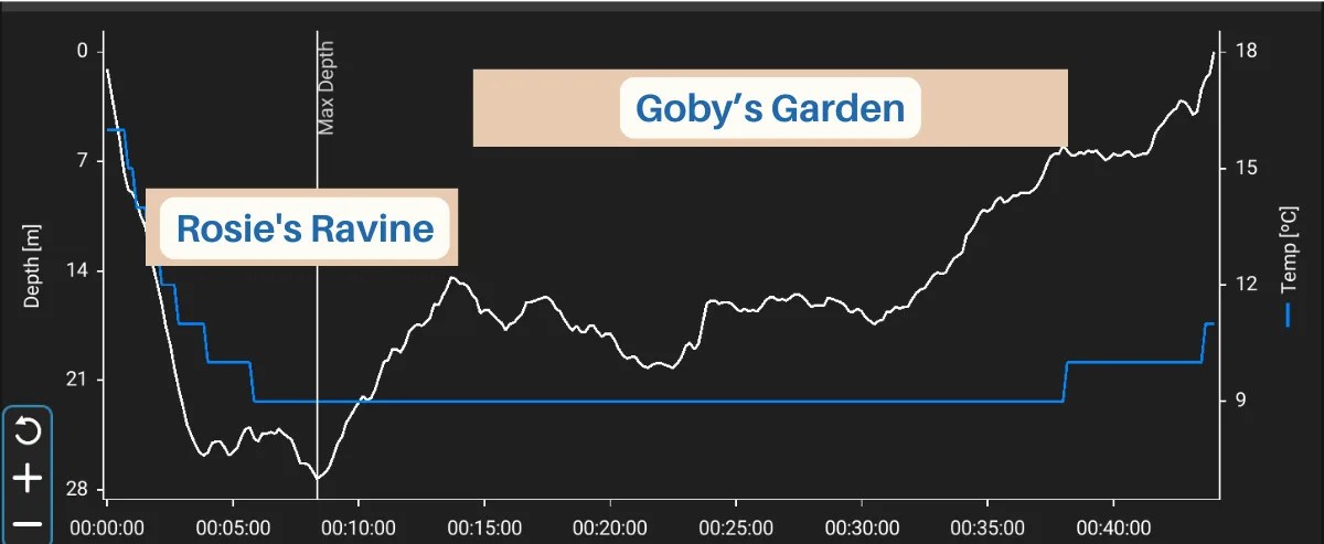 dive profile of Rosie's Ravine and Goby's Garden