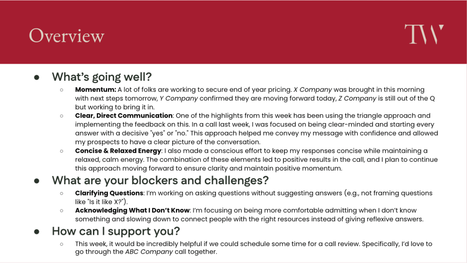 Filled-out one-on-one opening slide with coaching questions for a sales team member