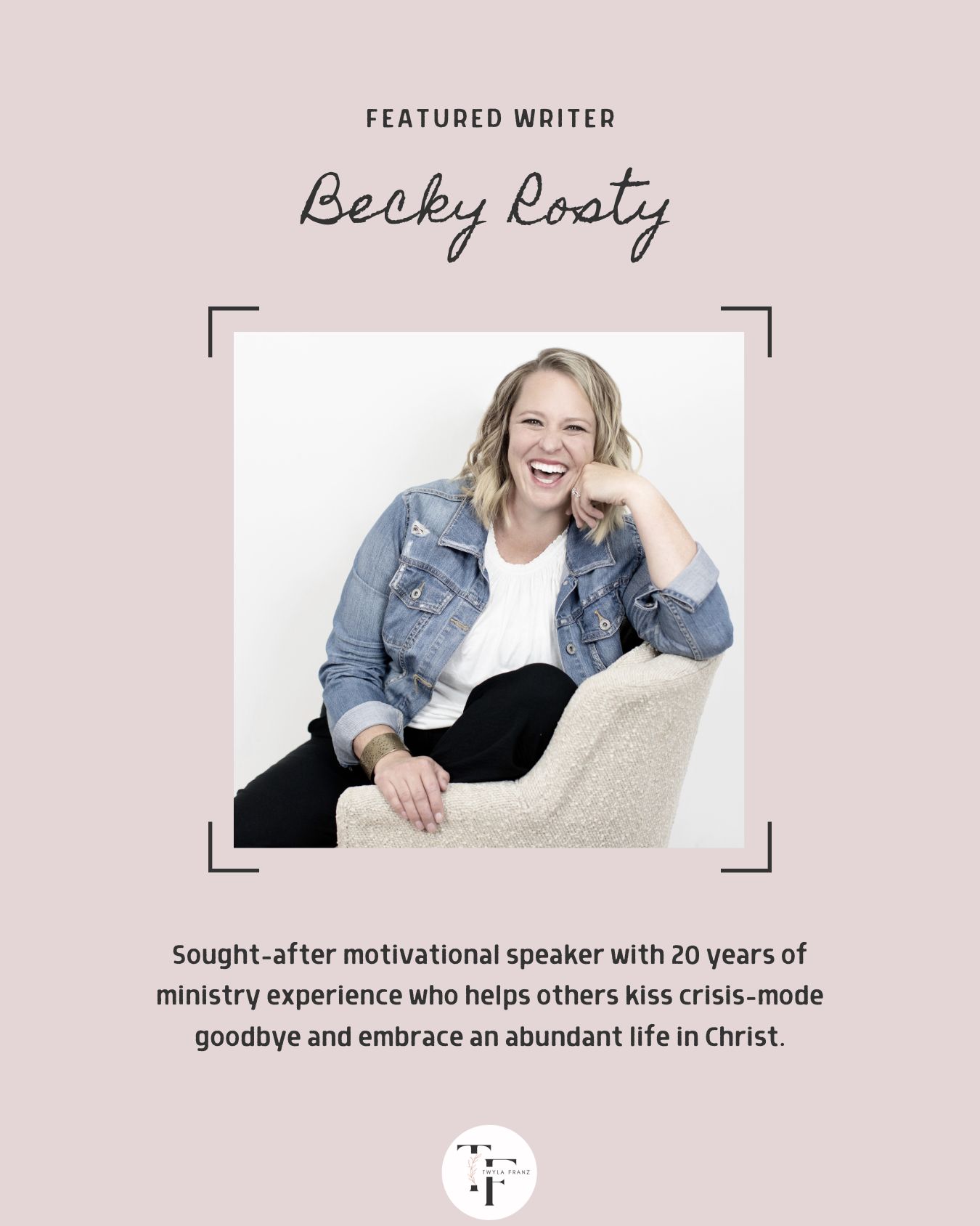Meet Begin Within featured writer Becky Rosty, a sought-after motivational speaker with 20 years of ministry experience who helps others kiss crisis-mode goodbye and embrace an abundant life in Christ.