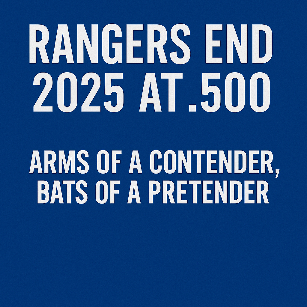 Graphic with blue background featuring bold white text: ‘Rangers End 2025 at .500 – Arms of a Contender, Bats of a Pretender