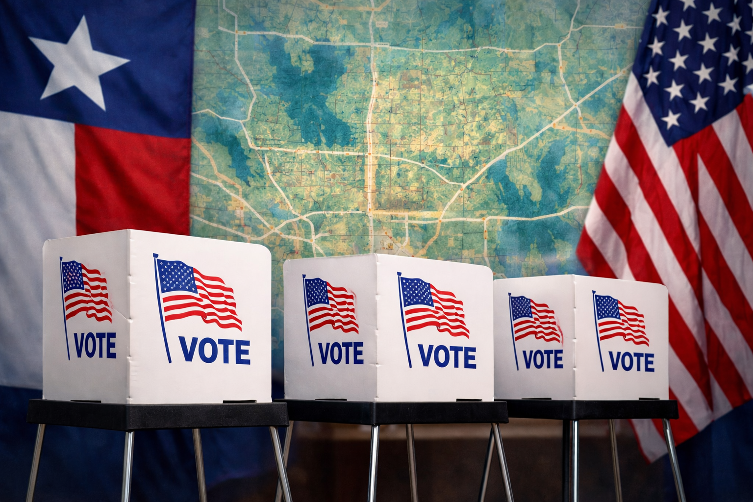 Alt Text: Voting booths at a polling location during the Collin County primary election, where nearly 200,000 voters cast ballots across congressional, legislative, and statewide races.