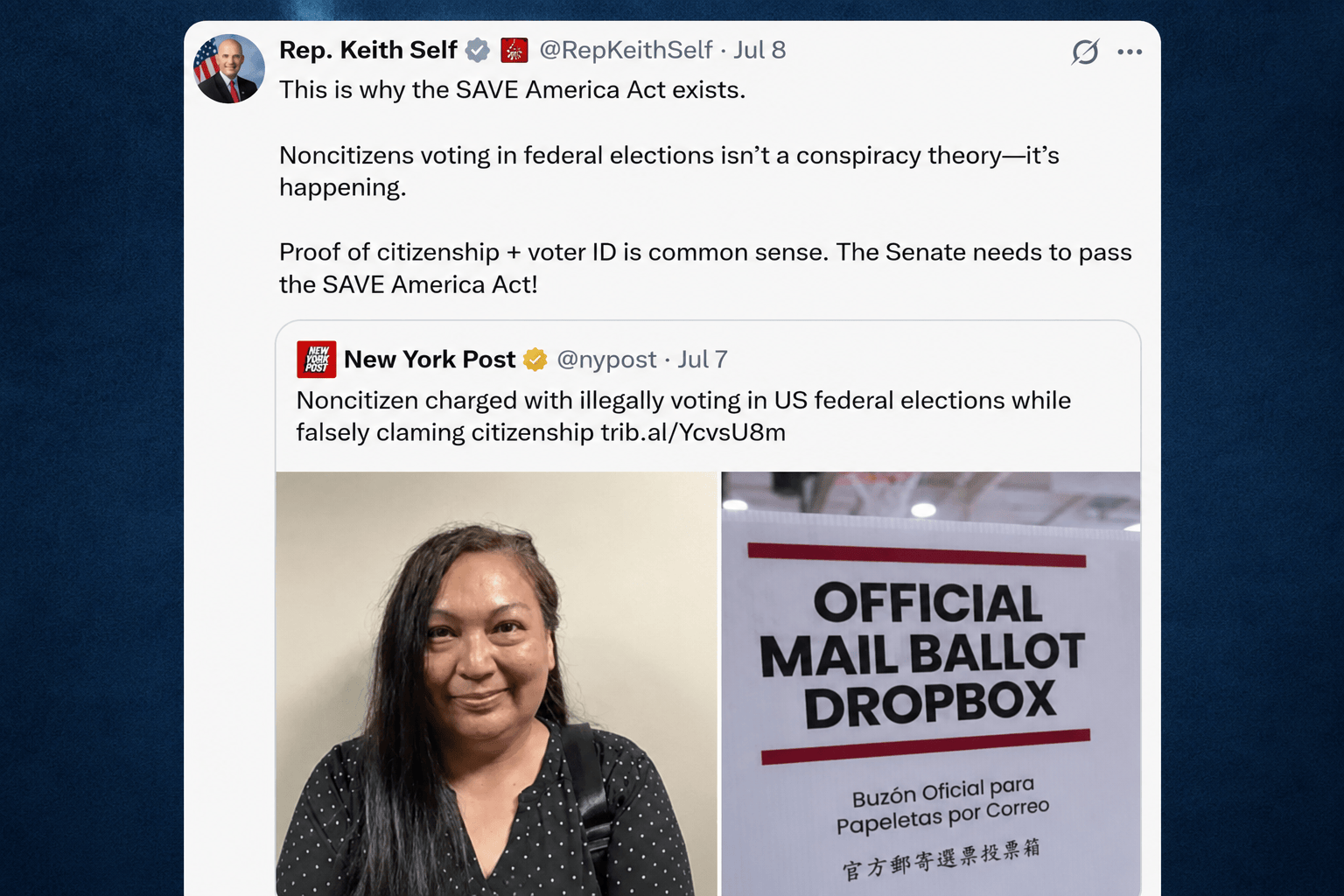 Screenshot of Congressman Keith Self's X post sharing a news article about an alleged noncitizen voting case while arguing for passage of the SAVE America Act, for the article The standard of Evidence.