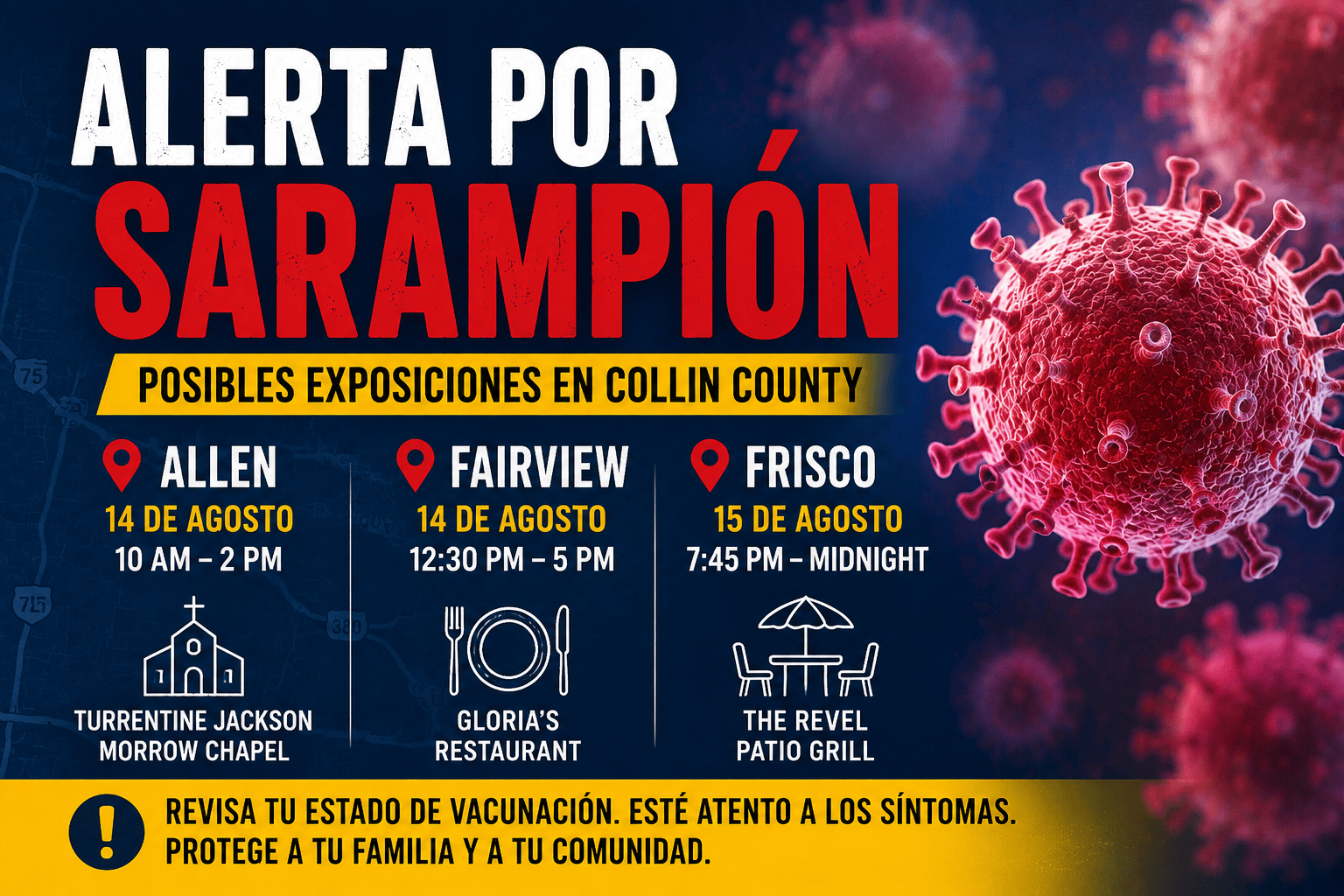 Aviso sobre sarampión con los lugares y horarios de posible exposición en Allen, Fairview y Frisco.