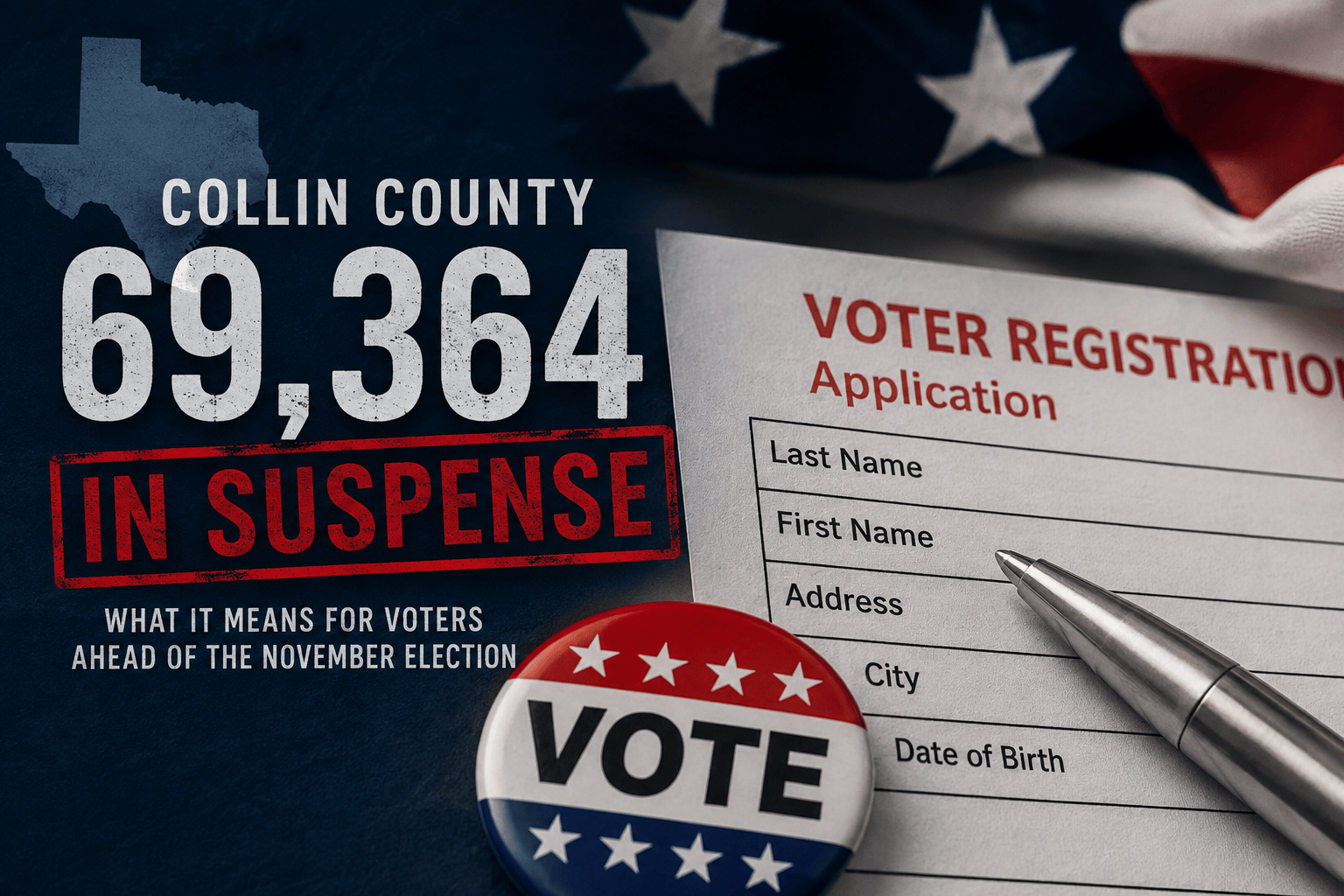 Graphic showing 69,364 Collin County voters in suspense alongside a voter registration form and Vote button.