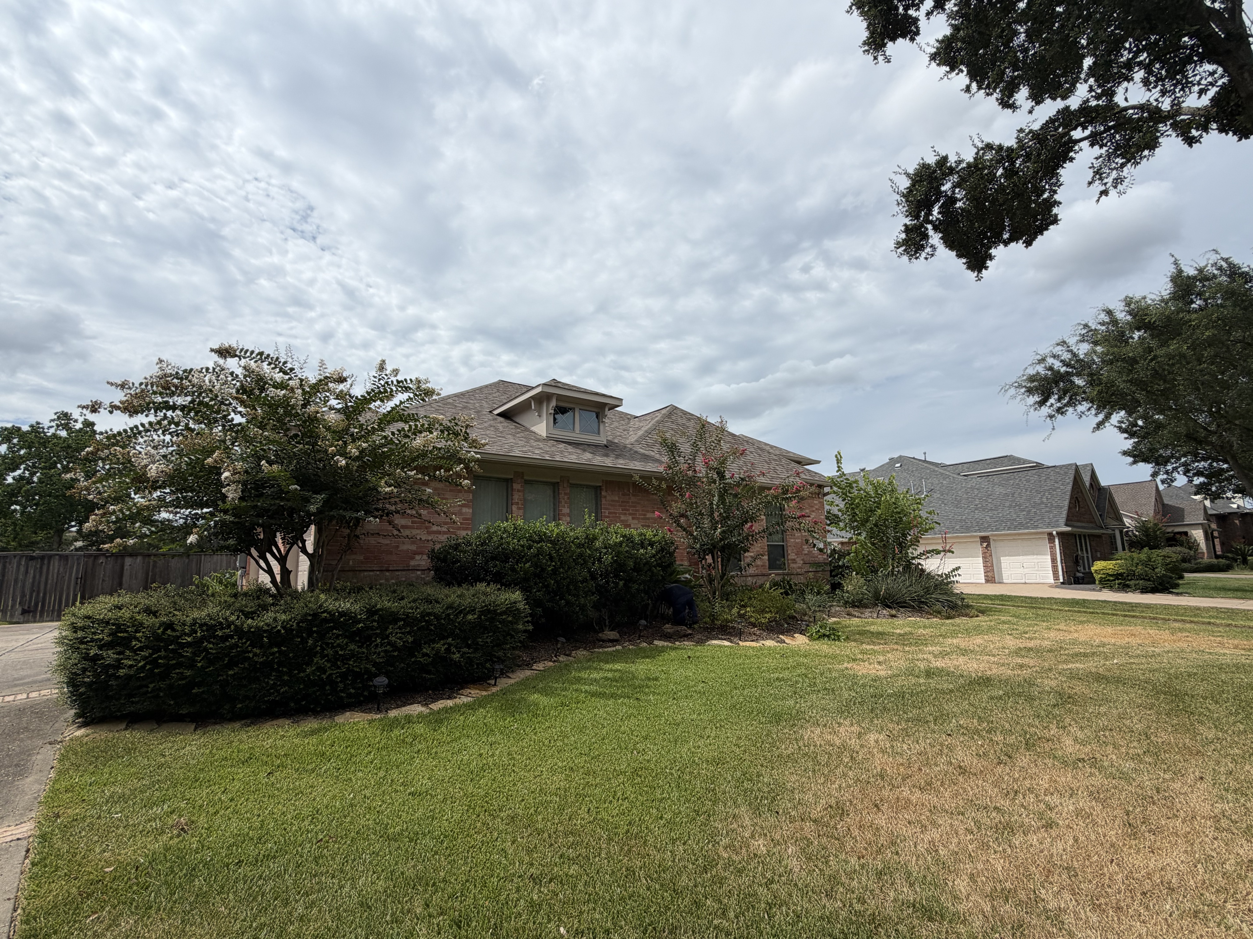 Before: patchy, dry lawn with overgrown hedges in Katy, TX