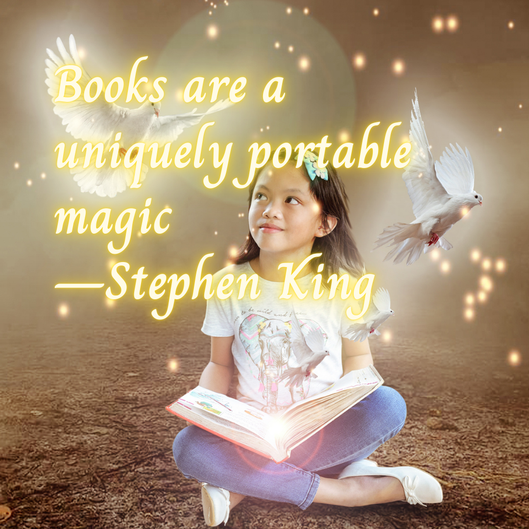 girl reading a book with doves flying around her