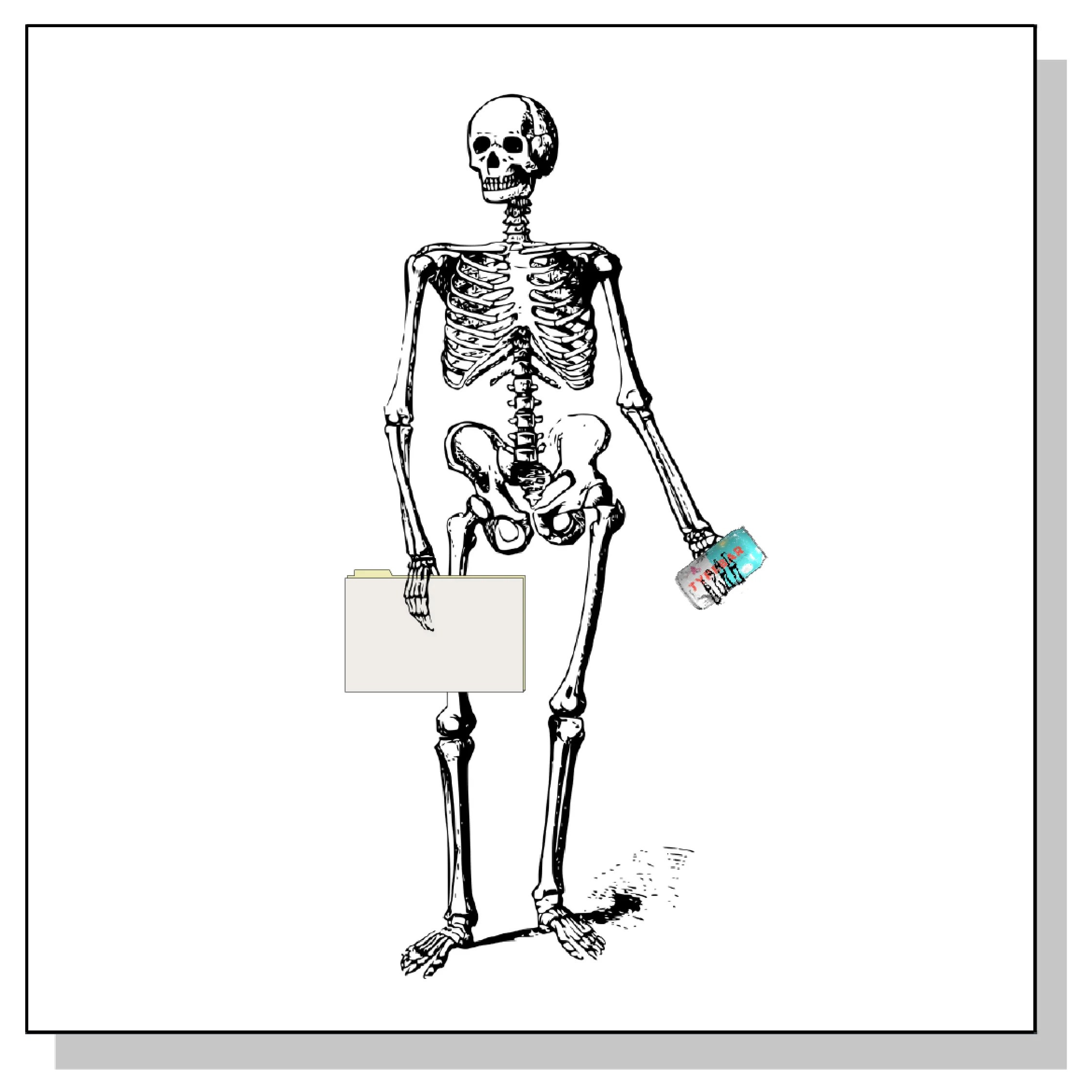 skeleton holding a folder and the Typebar drink can