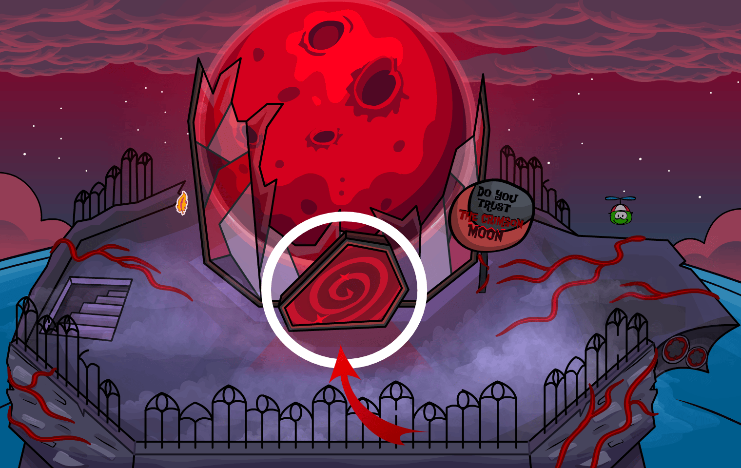 Club Penguin Journey Beneath the Crimson Moon: Halloween Party Castle Trust Fall Quest