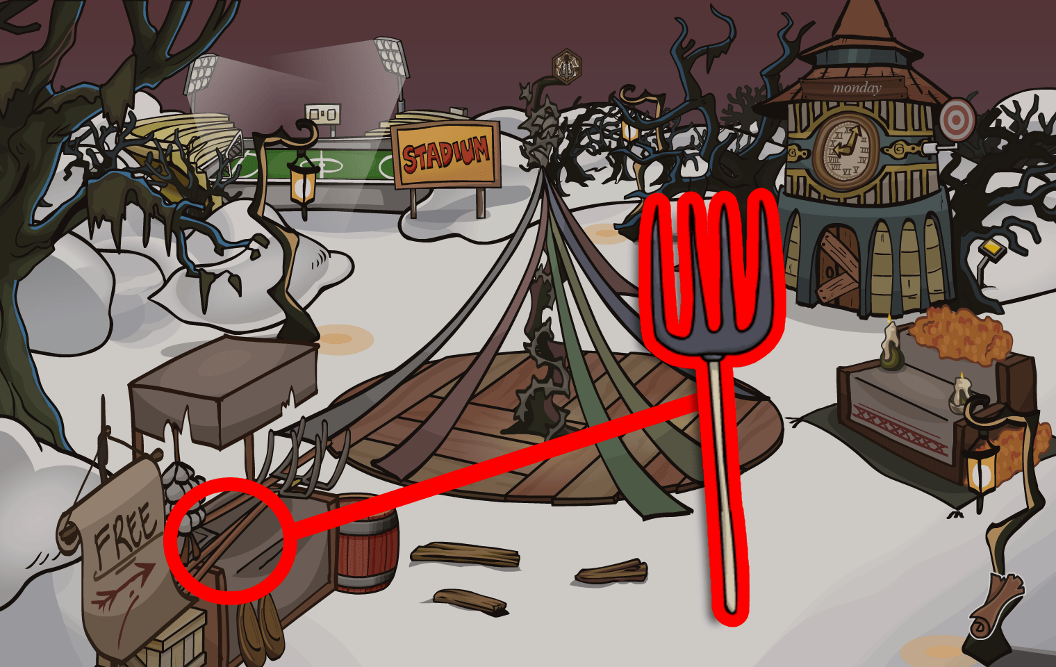 Club Penguin Journey Beneath the Crimson Moon: Halloween Party Pitchfork Location
