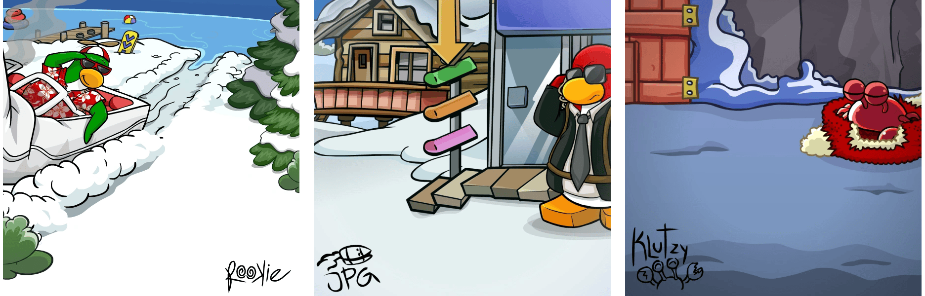 Club Penguin Legacy Tremendous Tremors Jet Pack Guy Stealth Rookie Crashed a Boat Never Wake a Sleeping Klutzy Mascot Background Giveaway