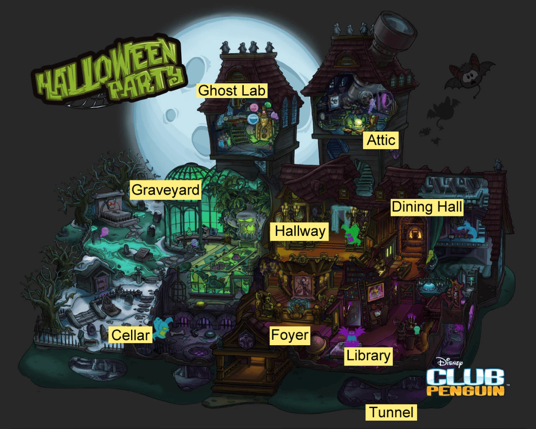 Club Penguin Legacy Halloween Party 2026 Mansion Map