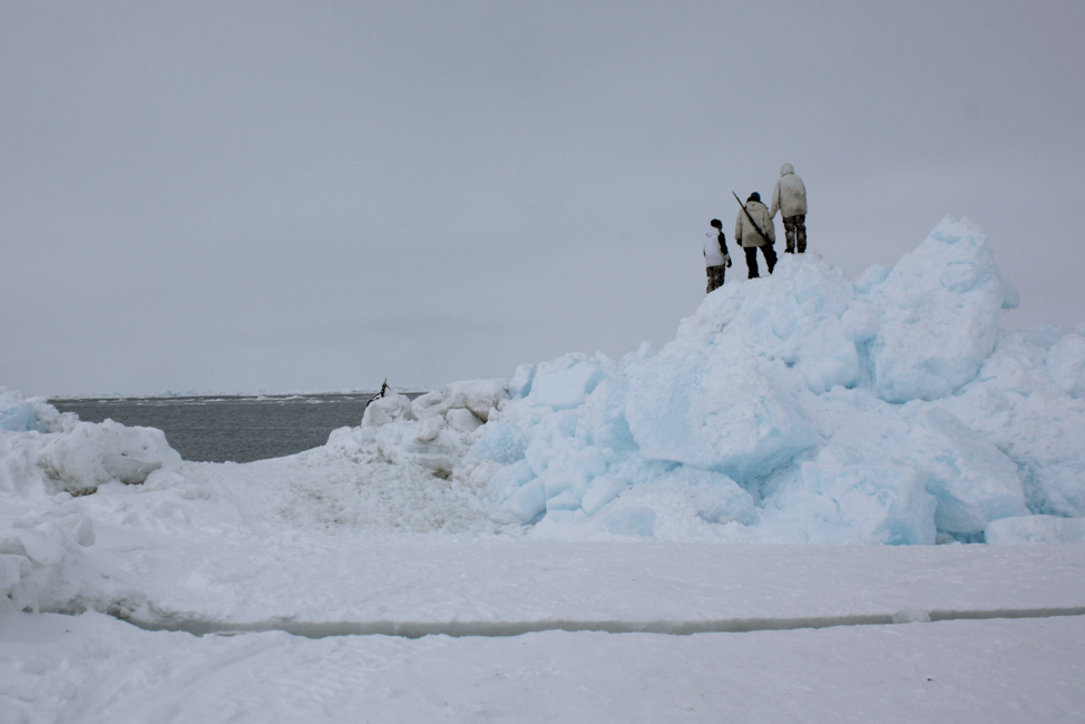 Three people, middle with a gun, stands on large mound of ice looking out towards ocean with a gray sky in the background.