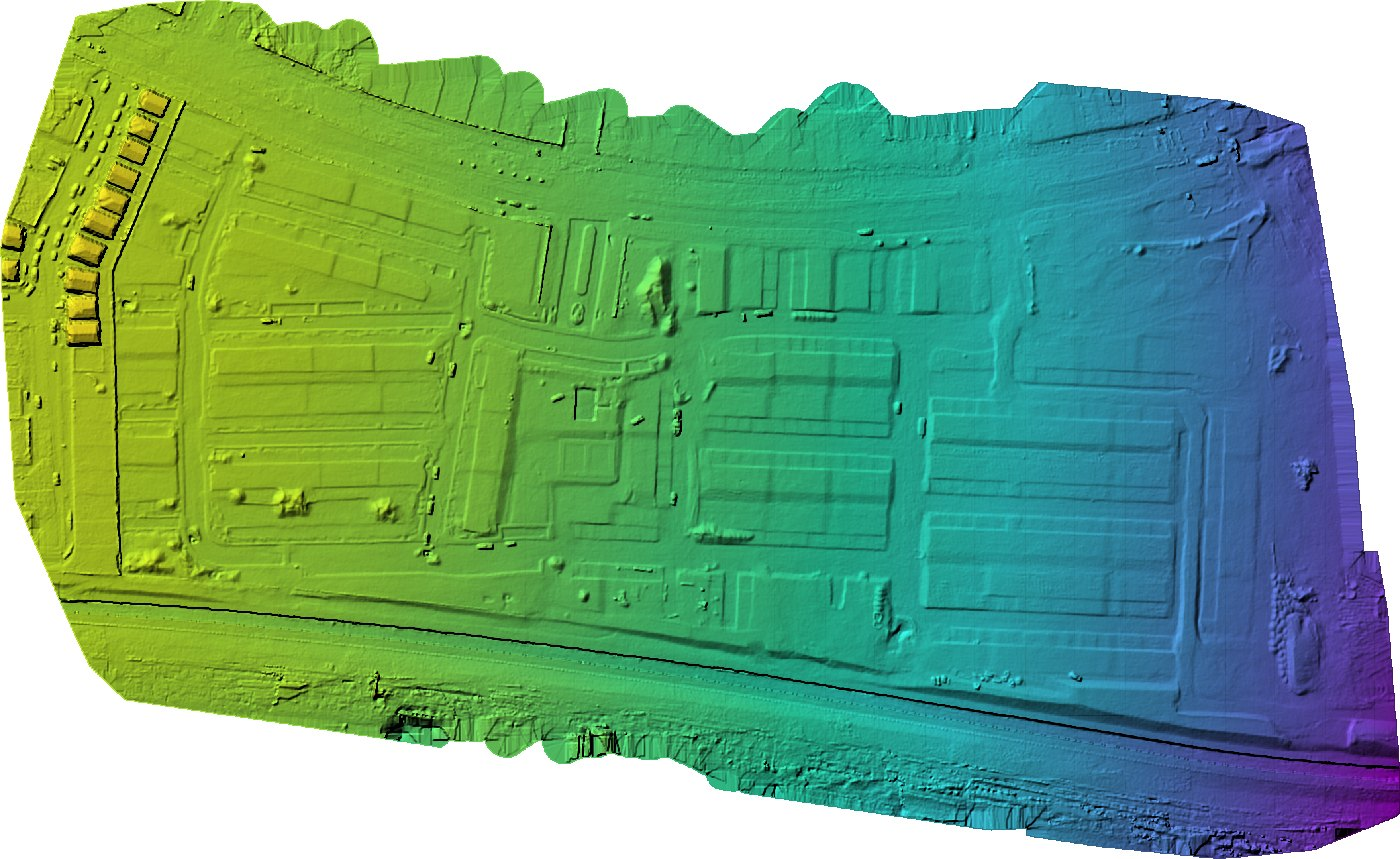 Digital surface model of the same 54-acre site, coloured by elevation across a 92 metre range
