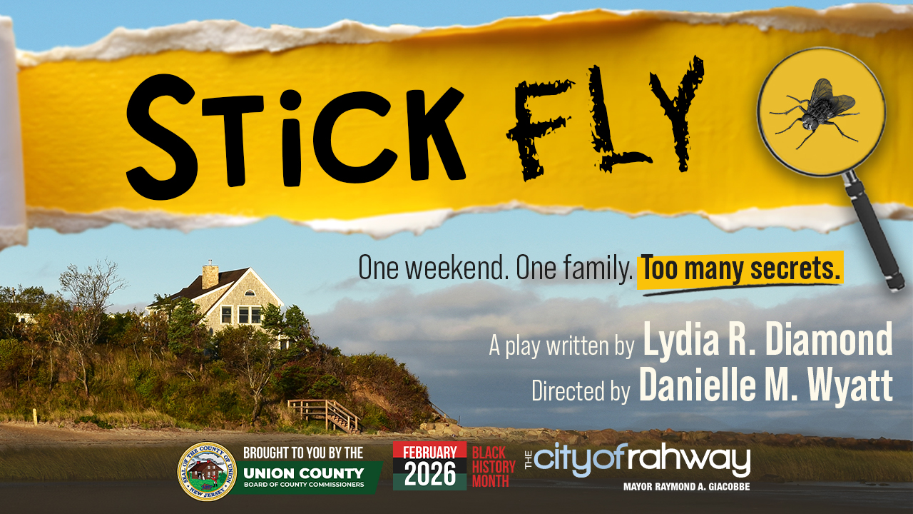 Stick Fly yellow banner with a fly under a magnifying glass and a beautiful large home.