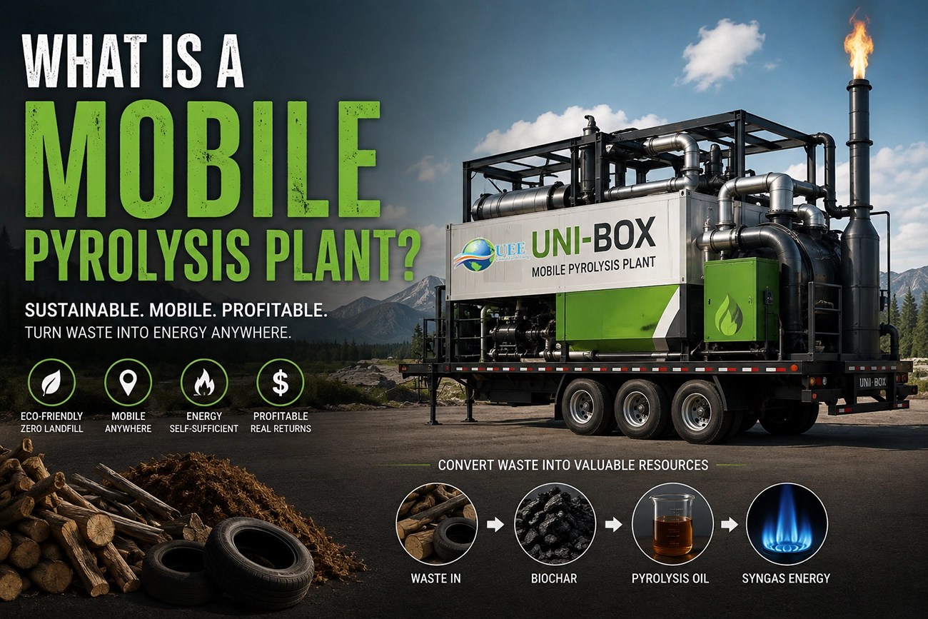 Mobile UNI-BOX pyrolysis plant converting waste into biochar, pyrolysis oil, and syngas energy