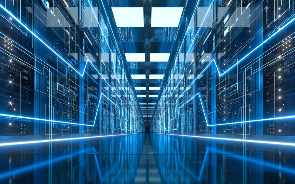 Network Cabling Services Low Voltage Contractor - Las Vegas, NV | Digital Signage Server racks in computer network security server room data center, 3d rendering.