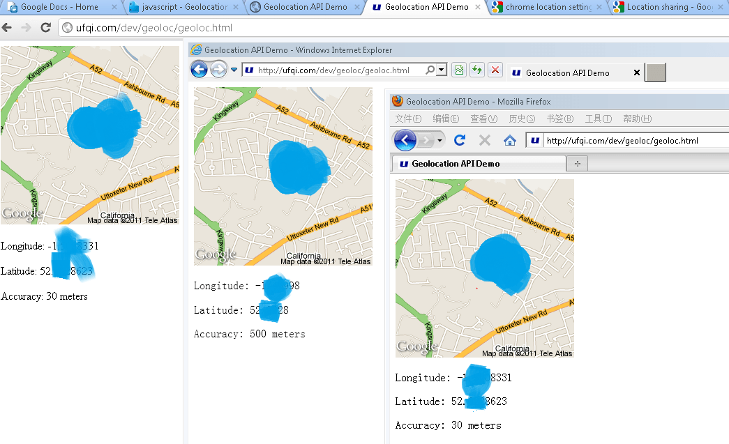 geolocation, 各主要浏览器(chrome,meis,firefox)实测