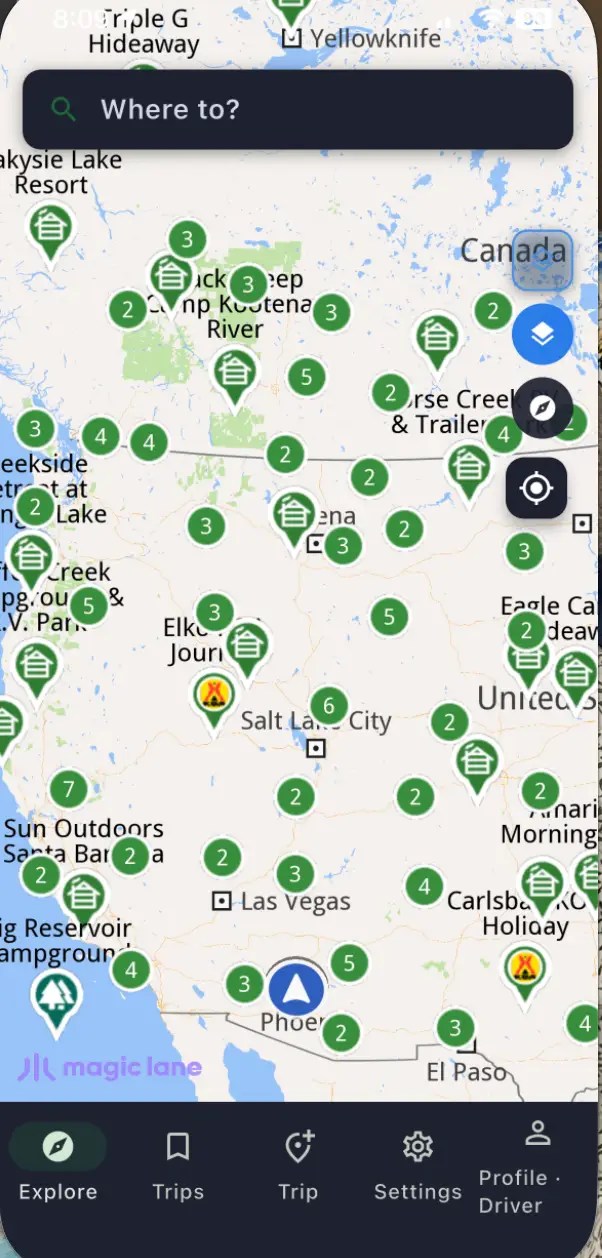 RiVöt Navigator mobile map showing campground clusters and public-land camping across the western United States