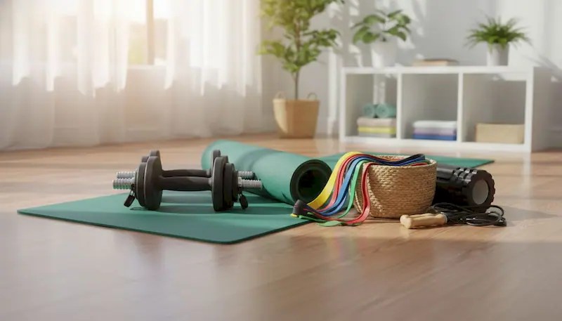 Essential home workout equipment laid out neatly including resistance bands, yoga mat, and adjustable dumbbells in a clean, organized home setting