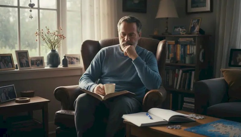 Man in his 40s reflecting on negative thought patterns while drinking morning coffee at home